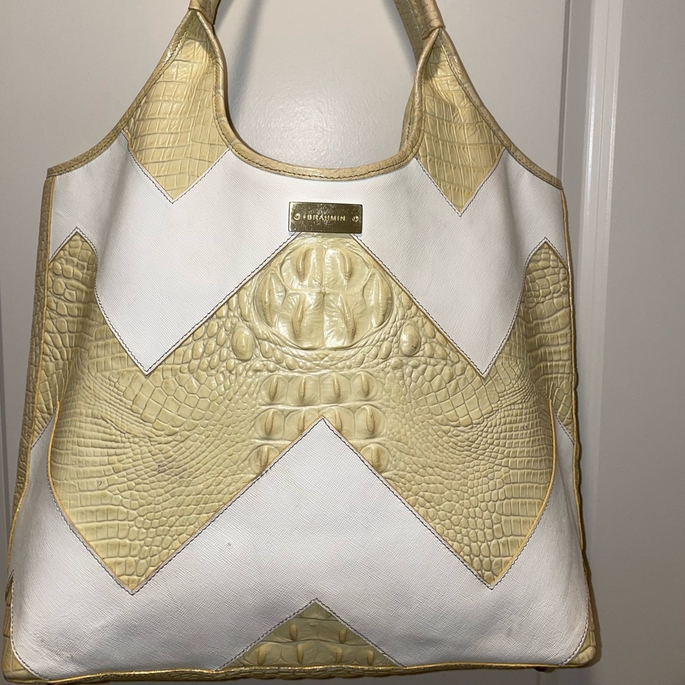 Brahmin Chevron Shopper Tote - Croco embossed leather in buttercream and white.